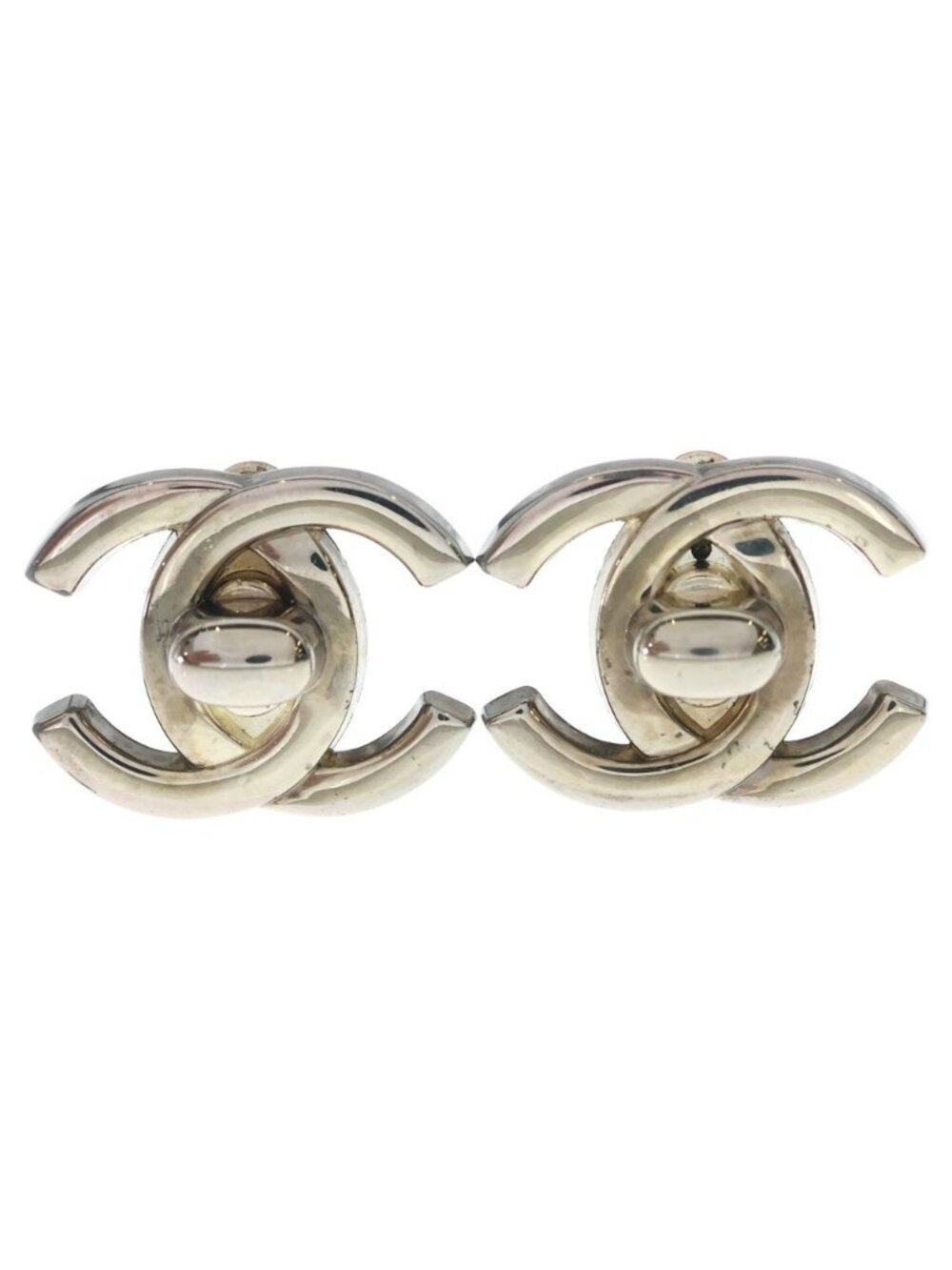 Chanel CC Logo Turnlock Earrings Metal Silver with Bean